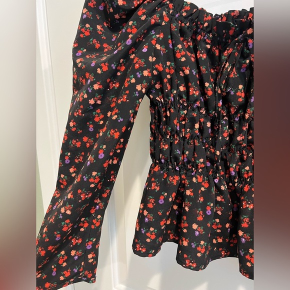 Topshop Red Smocked Long Sleeve Blouse 4 - Picture 5 of 5